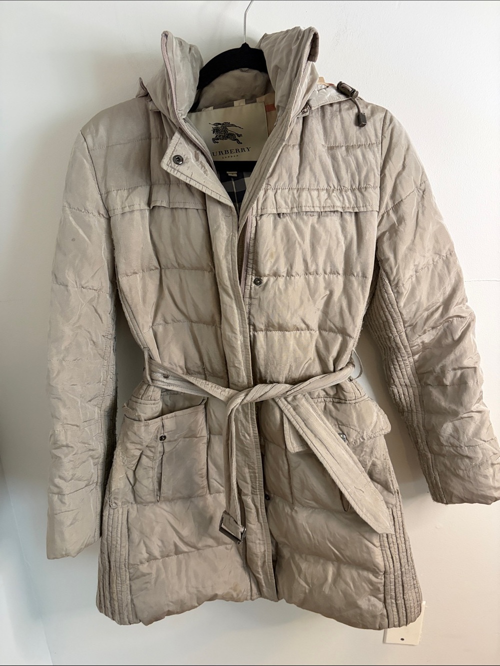 Burberry Light Beige Quilted Belted Hooded Puffer Coat